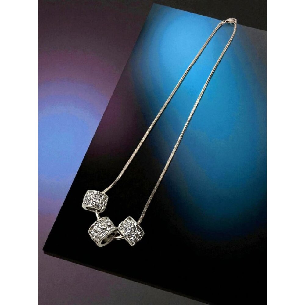 Vintage Elegant Sterling Silver Necklace With Three Sparkling Rhinestone Beads - Picture 3 of 16
